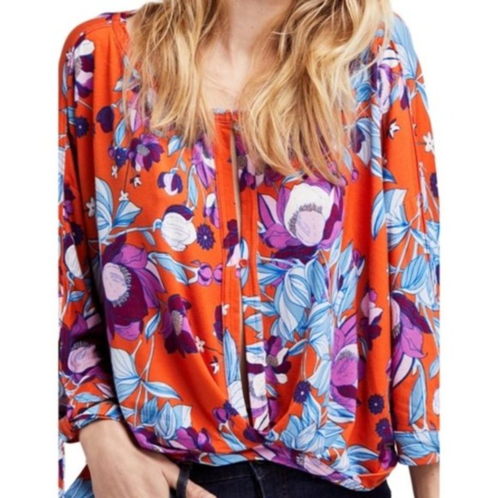 Free People Orange Floral Loose Boho Top M